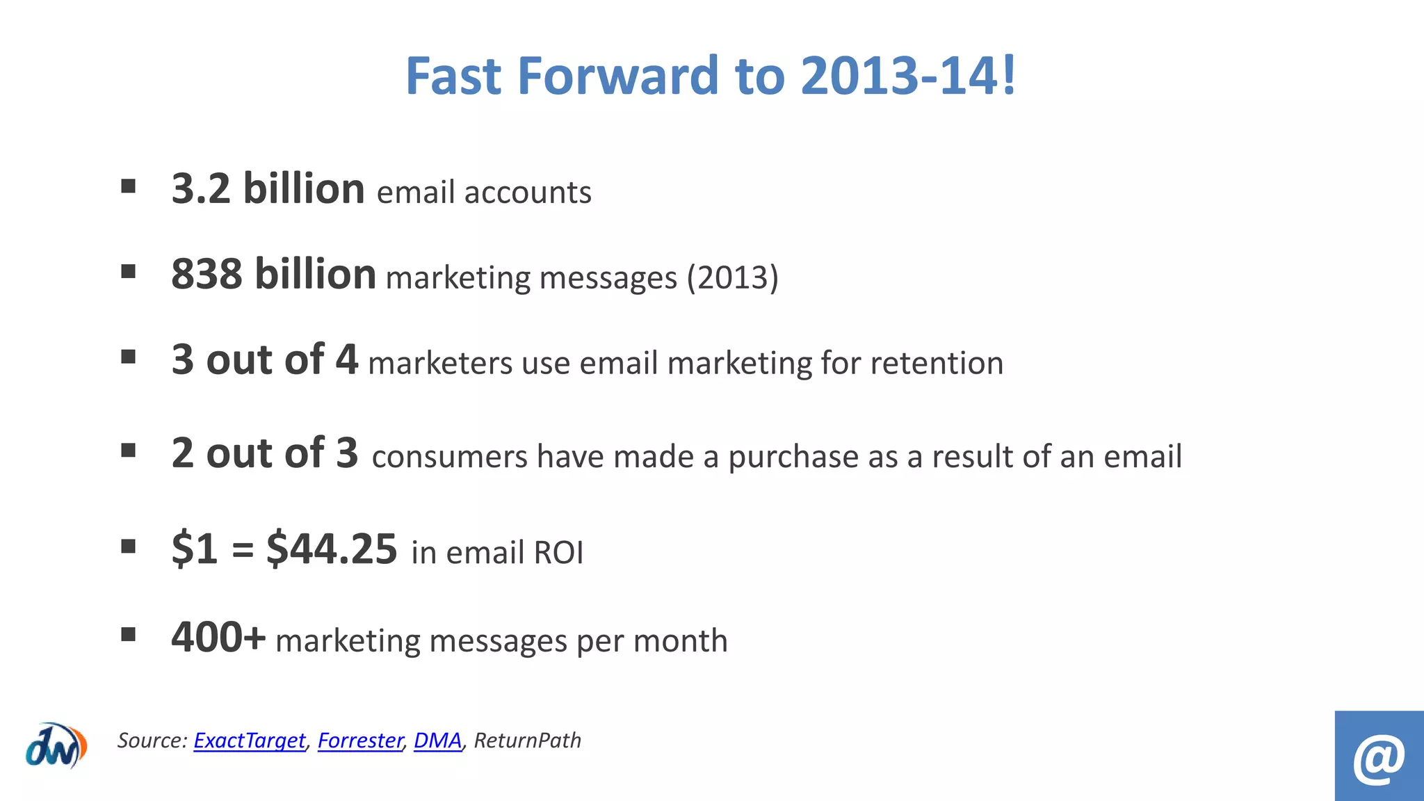  3.2 billion email accounts
 838 billion marketing messages (2013)
 3 out of 4 marketers use email marketing for retention
 2 out of 3 consumers have made a purchase as a result of an email
 $1 = $44.25 in email ROI
 400+ marketing messages per month
Source: ExactTarget, Forrester, DMA, ReturnPath
Fast Forward to 2013-14!
@
 