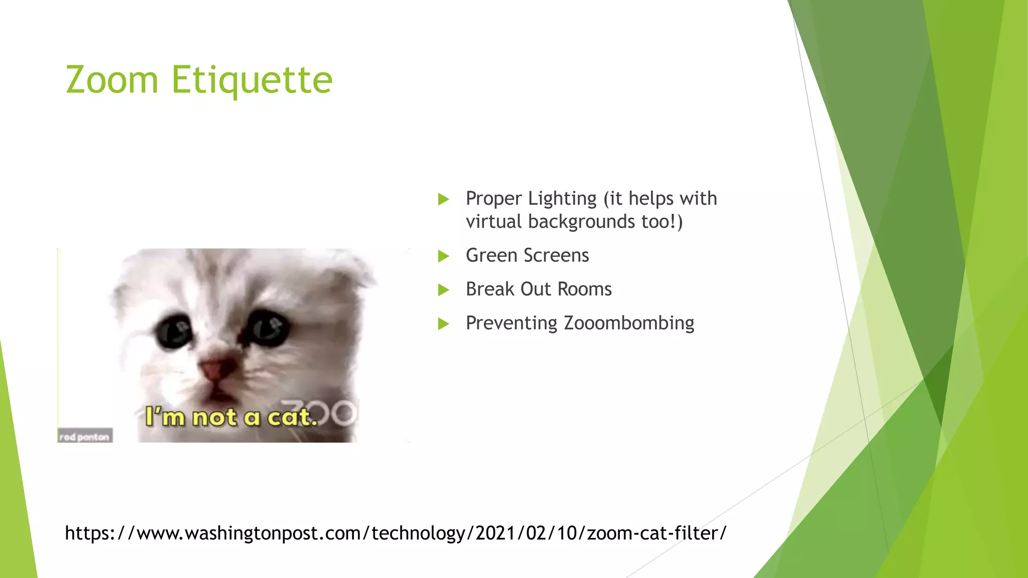 Zoom Etiquette
 Proper Lighting (it helps with
virtual backgrounds too!)
 Green Screens
 Break Out Rooms
 Preventing Zooombombing
https://www.washingtonpost.com/technology/2021/02/10/zoom-cat-filter/
 