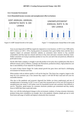 40074851 | Creating Entrepreneurial Change | July 2021
10 | P a g e
Year on year degrowth in GDP has negatively impacted on every business. in 2015 it was 5.008 and by
2019 it shows as 2.283 ( -54%). buying power of consumers have gone further down and this has a
negative impact on consumer electronic industry as consumers more interest to buy essential
commodities and they kept less amount and focus to buy more and more consumer electronic items.
further consumers are trying to purchase product at very low cost and it has not positively affected on
profit and revenue.
On the other hand, company is struggle to provide product at low price due to global price hike due to
different reasons such as inflation, exchange rate fluctuations, production delays, high production cost
due to unavailability of raw materials for production
As result of these factors Singer Sri Lanka annual growth has gone down and faced a challenging
environment for business activities.
When product with an inferior quality it will not be long last. This factor has a negative impact in the
long run even customers pay a less amount they expect it will full fill their need and will exist for
reasonable duration.
Also due to this pandemic and economic degrowth has further cut down employment and rate of
unemployment is increasing. In 2017 it was 4.2 and it has increased up to 4.8 by year 2019.increase of
unemployment rate meant it will further resist for household income and consumers find difficult to
survive. Therefore, spend money for consumer electronic products get constrained and they mainly
focus to fulfill their basic needs and wants.
How ever with the technological changes in the environment, tendency of using consumer electronics
products being more extended.as an example. due to the pandemic situation, people get use to work
from home and usage of mobile and laptop in drastically been increased.
1.b.2. Economic Environment
1.b.2.i Household income recession and unemployment effect on business
Figure 8.1.GDP Annual Growth in Sri Lanka
5.008
4.487
3.578
3.306
2.283
2015 2016 2017 2018 2019
GDP ANNUAL ANNUAL
GROWTH RATE % SRI
LANKA
Figure 7.1 Unemployment Annual Rate in Sri Lanka
4.7
4.4
4.2
4.4
4.8
2015 2016 2017 2018 2019
UNEMPLOYEMENT
ANNUAL RATE % IN
SRI LANKA
 