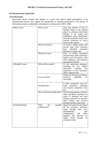 40074851 | Creating Entrepreneurial Change | July 2021
16 | P a g e
Effectuation theory assumes that identity is a given and relative stable precondition of the
entrepreneurial process that support the entrepreneur in ordering preferences in the process of
effectuating resources, stakeholder commitment, etc. Sarasvathy’s (2001, 2008)
What we have Who we are? Over four decades of rich in
heritage Singer is the leading
player in consumer electronics
industry in Sri Lanka and
established strong distribution
network around the country and
reached customers in every
corner in the country
Who do we know? As being a market leader and
having large loyal customer
base. identified consumer
behavior in a better way
What do we have? Over 1.5 million household
consumer base, 440+ showroom
outlets covers 25 districts, with
2926 employees and business
management institute
Affordable Losses What will be created? 03 new innovations strategies
including 02 new digital
innovation strategies for
acquisition of new customers
(Refer Appendix 06)
Can we do that?
Singer has financial and human
resources capability of
innovating
Possible Risks
If other competitors copy the
same, consumers’ switching
cost towards competitors very
low
How to decrease possible risks? By delivering superior customer
value and better experience in
terms of attaining new and
existing customers to increase
sales volume and revenue
through customer acquisition
Form Partnerships What are possible
collaborations
Singer Sri Lanka has developed
all the consumer electronic
range through their own
manufacturing and
collaborations with other
suppliers and positions as
Singer brand strongly in
consumers mind
2.b Entrepreneurial Approaches
2.b.i Effectuation
 