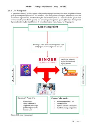 40074851 | Creating Entrepreneurial Change | July 2021
20 | P a g e
A systematic and very focused approach for guiding employee learning, education and practice of lean
principles and philosophies across and enterprise. Lean management encompass both an individual and
a collective organizational transformation plan for the deployment of a lean educational system lean
sociotechnical system (belief system), and lean change management system. (The Lean Management
Systems Handbook, By Rich Charron, H. James Harrington, Frank Voehl, Hal Wiggin p.03)
Figure 11.1. Lean Management
2.b.iii Lean Management
Lean Management
Continues
Improvement
Empowering
People
Creating a value from customer point of view
and purpose on reducing waste and cost
Insights on consumer
buying behavior and
buying patterns
Customer’s Perspective
- Convenience
- Better Experience
- Support to make right
purchasing decisions
- Reduce Cost
Company’s Perspective
- Reduce Operational Cost
- Fast Deliveries
- Better Customer Satisfaction
- Standout among competition
 