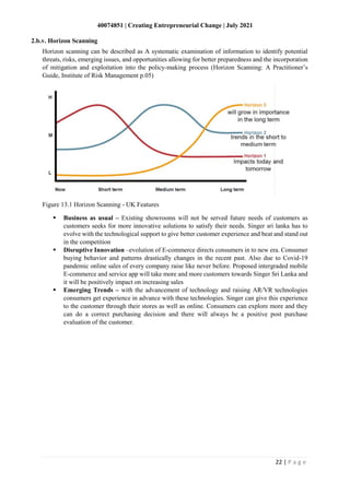 40074851 | Creating Entrepreneurial Change | July 2021
22 | P a g e
Horizon scanning can be described as A systematic examination of information to identify potential
threats, risks, emerging issues, and opportunities allowing for better preparedness and the incorporation
of mitigation and exploitation into the policy-making process (Horizon Scanning: A Practitioner’s
Guide, Institute of Risk Management p.05)
Figure 13.1 Horizon Scanning - UK Features
▪ Business as usual – Existing showrooms will not be served future needs of customers as
customers seeks for more innovative solutions to satisfy their needs. Singer sri lanka has to
evolve with the technological support to give better customer experience and beat and stand out
in the competition
▪ Disruptive Innovation –evolution of E-commerce directs consumers in to new era. Consumer
buying behavior and patterns drastically changes in the recent past. Also due to Covid-19
pandemic online sales of every company raise like never before. Proposed intergraded mobile
E-commerce and service app will take more and more customers towards Singer Sri Lanka and
it will be positively impact on increasing sales
▪ Emerging Trends – with the advancement of technology and raising AR/VR technologies
consumers get experience in advance with these technologies. Singer can give this experience
to the customer through their stores as well as online. Consumers can explore more and they
can do a correct purchasing decision and there will always be a positive post purchase
evaluation of the customer.
2.b.v. Horizon Scanning
 