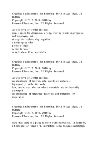 Creating Environments for Learning: Birth to Age Eight, 3e
Bullard
Copyright © 2017, 2014, 2010 by
Pearson Education, Inc. All Rights Reserved
An effective art center includes:
ample space for designing, drying, storing works in progress,
and displaying art
storage for replenishing supplies
a quiet space with
plenty of light
access to water
easy to clean floor and tables
Creating Environments for Learning: Birth to Age Eight, 3e
Bullard
Copyright © 2017, 2014, 2010 by
Pearson Education, Inc. All Rights Reserved
An effective art center includes:
an abundance of diverse, safe, non-toxic materials
high-quality, authentic tools
low, uncluttered shelves where materials are aesthetically
displayed
an abundance of reference materials and materials for
inspiration
Creating Environments for Learning: Birth to Age Eight, 3e
Bullard
Copyright © 2017, 2014, 2010 by
Pearson Education, Inc. All Rights Reserved
Note that there is a place to store work in process. In addition,
a book and jar filled with interesting items provide inspiration
 