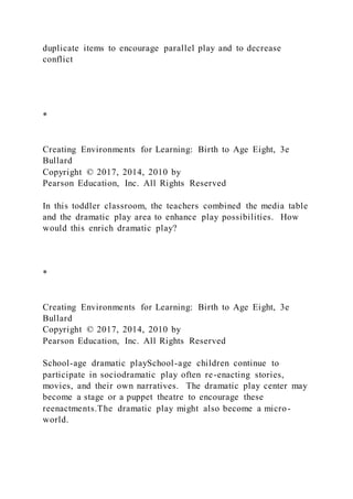 duplicate items to encourage parallel play and to decrease
conflict
*
Creating Environments for Learning: Birth to Age Eight, 3e
Bullard
Copyright © 2017, 2014, 2010 by
Pearson Education, Inc. All Rights Reserved
In this toddler classroom, the teachers combined the media table
and the dramatic play area to enhance play possibilities. How
would this enrich dramatic play?
*
Creating Environments for Learning: Birth to Age Eight, 3e
Bullard
Copyright © 2017, 2014, 2010 by
Pearson Education, Inc. All Rights Reserved
School-age dramatic playSchool-age children continue to
participate in sociodramatic play often re-enacting stories,
movies, and their own narratives. The dramatic play center may
become a stage or a puppet theatre to encourage these
reenactments.The dramatic play might also become a micro-
world.
 
