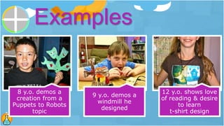8 y.o. demos a
creation from a
Puppets to Robots
topic
9 y.o. demos a
windmill he
designed
12 y.o. shows love
of reading & desire
to learn
t-shirt design
Examples
 