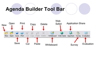 Agenda Builder Tool Bar Evaluation Survey Application Share Web Safari Whiteboard Paste Copy Cut Print Save Open New Delete 