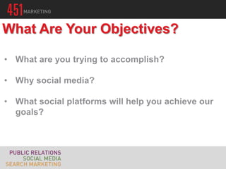 What Are Your Objectives?

• What are you trying to accomplish?

• Why social media?

• What social platforms will help you achieve our
  goals?
 