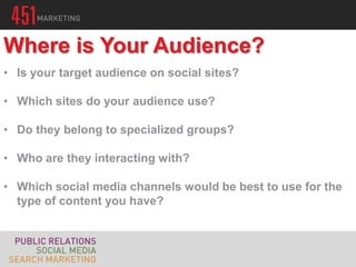 Where is Your Audience?
• Is your target audience on social sites?

• Which sites do your audience use?

• Do they belong to specialized groups?

• Who are they interacting with?

• Which social media channels would be best to use for the
  type of content you have?
 