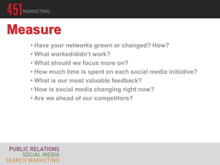 Measure
   • Have your networks grown or changed? How?
   • What worked/didn’t work?
   • What should we focus more on?
   • How much time is spent on each social media initiative?
   • What is our most valuable feedback?
   • How is social media changing right now?
   • Are we ahead of our competitors?
 