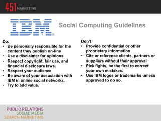 Social Computing Guidelines

Do:                                   Don't
• Be personally responsible for the   • Provide confidential or other
  content they publish on-line          proprietary information
• Use a disclaimer for opinions       • Cite or reference clients, partners or
• Respect copyright, fair use, and      suppliers without their approval
  financial disclosure laws.          • Pick fights, be the first to correct
• Respect your audience                 your own mistakes.
• Be aware of your association with   • Use IBM logos or trademarks unless
  IBM in online social networks.        approved to do so.
• Try to add value.
 