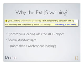 Why the Ext JS warning?!


• Synchronous    loading uses the XHR object
• Several   disadvantages
 • (more    than asynchronous loading!)
 