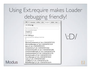 Using Ext.require makes Loader
      debugging friendly!


                       :D/
 