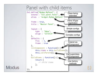 Panel with child items
                     Class being
                      extended

                    Inline XType
                     registration

                   Simple conﬁgs


                   Complex conﬁgs


                     Extend via
                   initComponent




                   Call superclass
                   initComponent

                     Use factory
                      methods
 