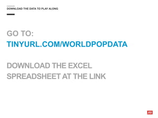 DOWNLOAD THE DATA TO PLAY ALONG
GO TO:
TINYURL.COM/WORLDPOPDATA
DOWNLOAD THE EXCEL
SPREADSHEET AT THE LINK
 