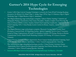 FUTURE WAR:FUTURE WAR:
World War 3, or Cyber WarfareWorld War 3, or Cyber Warfare
• World War 3: With Advancement inWorld War 3: With Advancement in
Technology, Information Warfare to be theTechnology, Information Warfare to be the
Next Domain of ConflictNext Domain of Conflict
• War should now be seen as being conducted in fiveWar should now be seen as being conducted in five
domains: in the air and in space, on sea and on land, anddomains: in the air and in space, on sea and on land, and
also in the information environment.also in the information environment.
• Cyber warfare is becoming more and more powerful inCyber warfare is becoming more and more powerful in
today's battlefield. Effective use of cyber technologies cantoday's battlefield. Effective use of cyber technologies can
gain dominance on the battlefield or force the enemy togain dominance on the battlefield or force the enemy to
retreat by shutting down its command infrastructure orretreat by shutting down its command infrastructure or
communication network. The role of Cyber Warfare is seencommunication network. The role of Cyber Warfare is seen
to be growing due to the digitization of conventionalto be growing due to the digitization of conventional
warfare technologies as well as using more complexwarfare technologies as well as using more complex
devices to do more damage than they could in past.devices to do more damage than they could in past.
• Whilst discussing about nations, Cyber Warfare is not justWhilst discussing about nations, Cyber Warfare is not just
limited to governments attacking governments. Any part oflimited to governments attacking governments. Any part of
the critical infrastructure may be subject to attack, fromthe critical infrastructure may be subject to attack, from
banking and utilities to transport or the supply of essentialbanking and utilities to transport or the supply of essential
goods and commodities. "Cyber Threats" include everygoods and commodities. "Cyber Threats" include every
threat that can be carried out over the internet. Cyberthreat that can be carried out over the internet. Cyber
crimes cost countries billions of dollars every year.crimes cost countries billions of dollars every year.
• By 2020, there will be approximately 927 SatellitesBy 2020, there will be approximately 927 Satellites
(Communication – 405; Earth Observation – 151; Navigation(Communication – 405; Earth Observation – 151; Navigation ––
85; Reconnaissance – 212 and R&D85; Reconnaissance – 212 and R&D – 75)– 75)
• Top 20 Global Mega Trends and their Impact ofTop 20 Global Mega Trends and their Impact of
Business, Cultures and Society. Frost & SullivanBusiness, Cultures and Society. Frost & Sullivan
CREATING THE FUTURE All Rights Reserved Azamat Abdoullaev 2013-2017
 