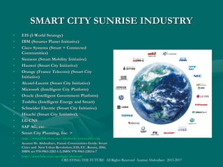 FUTURE Intelligent INTERNET:
Internet of All and Everything
• The Internet of Everything (IoE) is broadly defined as networks of networks with trillions of connections to totalize
People, Process, Data, and Things into a world-wide cyber-physical socio-economic ecosystem, supposedly to be run
by the EIS Platform.
• The Cisco® Internet Business Solutions Group (IBSG) believes that the Internet of Things (IoT), where millions of
new devices are regularly being connected to the Internet is the matter of fact now, and it is a subset of the coming
Internet of Everything. (Joseph BradleyJoseph Bradley,, Joel Barbier, and Doug Handler,Joel Barbier, and Doug Handler, Embracing the Internet of everything toEmbracing the Internet of everything to
capture your share of $14.4 trillion,capture your share of $14.4 trillion, Cisco Systems, February 12, 2013.)Cisco Systems, February 12, 2013.)
• The Big Science projects are all to contribute to the IoE development, like establishing a Planetary Nervous System as
a global sensor network by connecting the sensors in today’s smartphones.
• What is planned by the EU FuturICT projects, aiming to create a planetary nervous system to measure the state of the
world and the interactions in it.
• Real-time data mining, or “reality mining”, will be established, using data of the Internet and the semantic web, as well
as the data collected by linking sensors which aggregate information about the technological, social, or economic
activities around them.
• The Internet of Things has the potential to create economic impact of $2.7 trillion to $6.2 trillion annually by 2025, withThe Internet of Things has the potential to create economic impact of $2.7 trillion to $6.2 trillion annually by 2025, with
the largest impact in healthcare and manufacturing.the largest impact in healthcare and manufacturing.
• For example, the total operating cost of global manufacturing is currently about $25 trillion per year and could reachFor example, the total operating cost of global manufacturing is currently about $25 trillion per year and could reach
more than $47 trillion by 2025.more than $47 trillion by 2025.
• Perhaps, 80 to 100 percent of all manufacturing could be using Internet of Things applications by that time.Perhaps, 80 to 100 percent of all manufacturing could be using Internet of Things applications by that time.
• (McKinsey Global Institute. Disruptive technologies: Advances that will transform life, business, and the global(McKinsey Global Institute. Disruptive technologies: Advances that will transform life, business, and the global
economy, May 2013)economy, May 2013)
• http://www.slideshare.net/ashabook/global-intelligent-platform
• Azamat Sh. Abdoullaev, Wise World Wide Web and Technological Singularity; EIS ; EU, Russia, 2016; ISBN 978-9963-Azamat Sh. Abdoullaev, Wise World Wide Web and Technological Singularity; EIS ; EU, Russia, 2016; ISBN 978-9963-
2202-4-3;2202-4-3; httphttp://www.lulu.com/spotlight/shamash://www.lulu.com/spotlight/shamash
• SMART World: http://www.worldxxi.com/SMART World: http://www.worldxxi.com/
CREATING THE FUTURE All Rights Reserved Azamat Abdoullaev 2013-2017
 