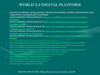 CREATING THE CHINA-RUSSIA-CREATING THE CHINA-RUSSIA-
EUROPE SMART SILK ROADEUROPE SMART SILK ROAD
• The
CHINA-RUSSIA-EUROPE SMART SILK ROAD
is aimed to create not just an
economic trade route, but a Euro-
Asian global community with
“common interests, fate, and
responsibilities”, “mutual respect and
mutual trust”.
• THE SMART “SILK ROAD”
INTERNATIONAL PROJECT: THE “SILK
ROUTES” WEST-EAST INNOVATION
CORRIDORS from CHINA, JAPAN, AND
INDIA to RUSSIA AND CENTRAL ASIA TO
THE MIDDLE EAST AND AFRICA to
EUROPE.
• http://
eu-smartcities.eu/blog/smart-silk-road-eu-china-international-project
• http://www.slideshare.net/ashabook/smart-silk-road
• SMART World: http://www.worldxxi.com/SMART World: http://www.worldxxi.com/
•
•
CREATING THE FUTURE All Rights
Reserved Azamat Abdoullaev 2013-2017
 