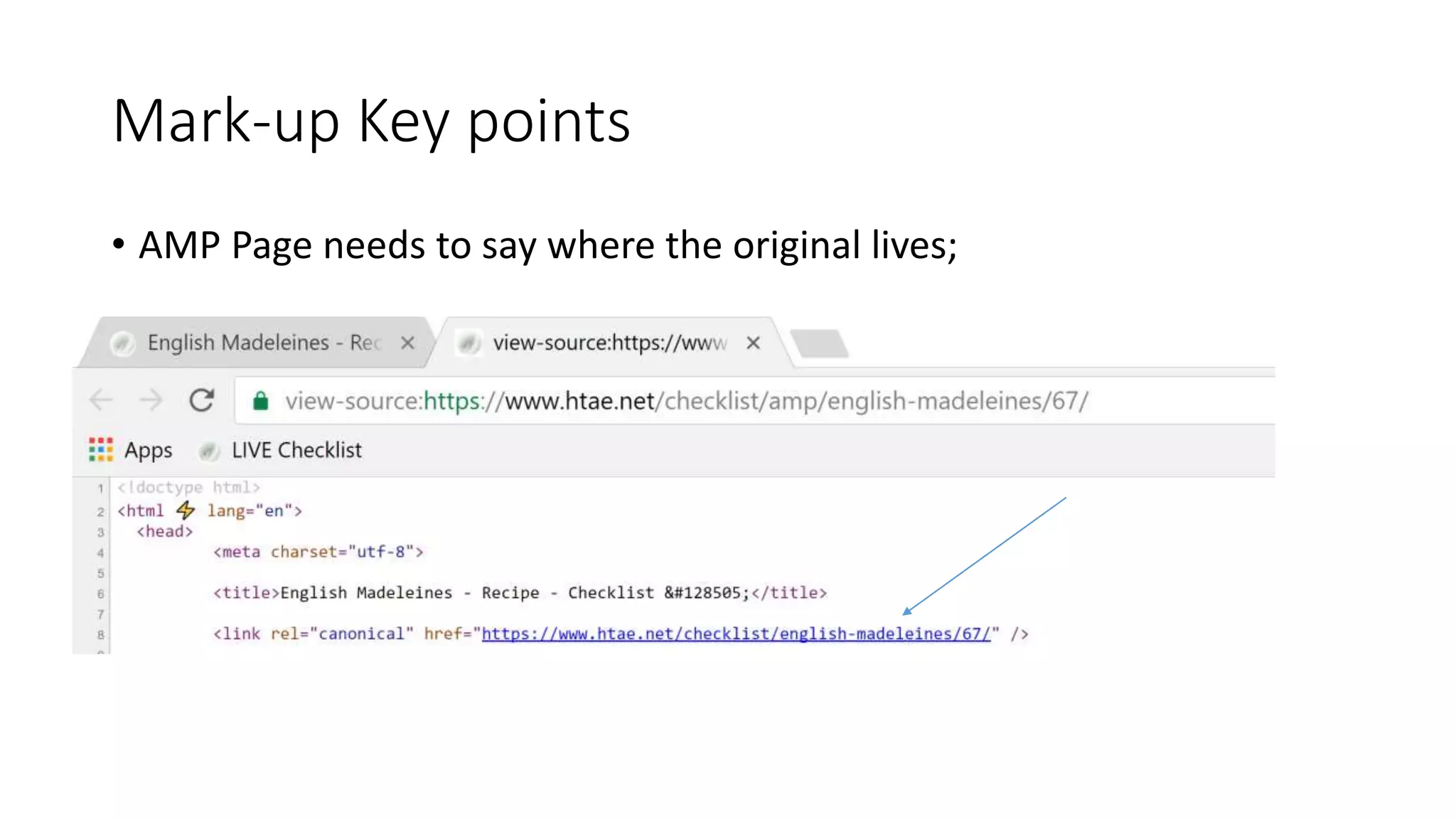 Mark-up Key points
• AMP Page needs to say where the original lives;
 