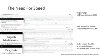 The Need For Speed
Original page:
1.72 Seconds to load DOM
AMP Marked Up Version:
1.35 Seconds to load DOM
Cache version should it
be presented to user;
645 Milliseconds to load DOM
Note: overall speed variable due to this page containing ads which are loaded when able and at their own pace
 