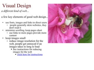 Visual Design  a different kind of web... a few key elements of good web design... use fonts, images and links to direct users   people generally skim websites, they don't read it minimize scrolling, keep pages short  use links to more pages provide more content keep images small  reduce image resolution for the web, people get annoyed if an images takes to long to load See instructions for reducing images for the web click here for instructions 