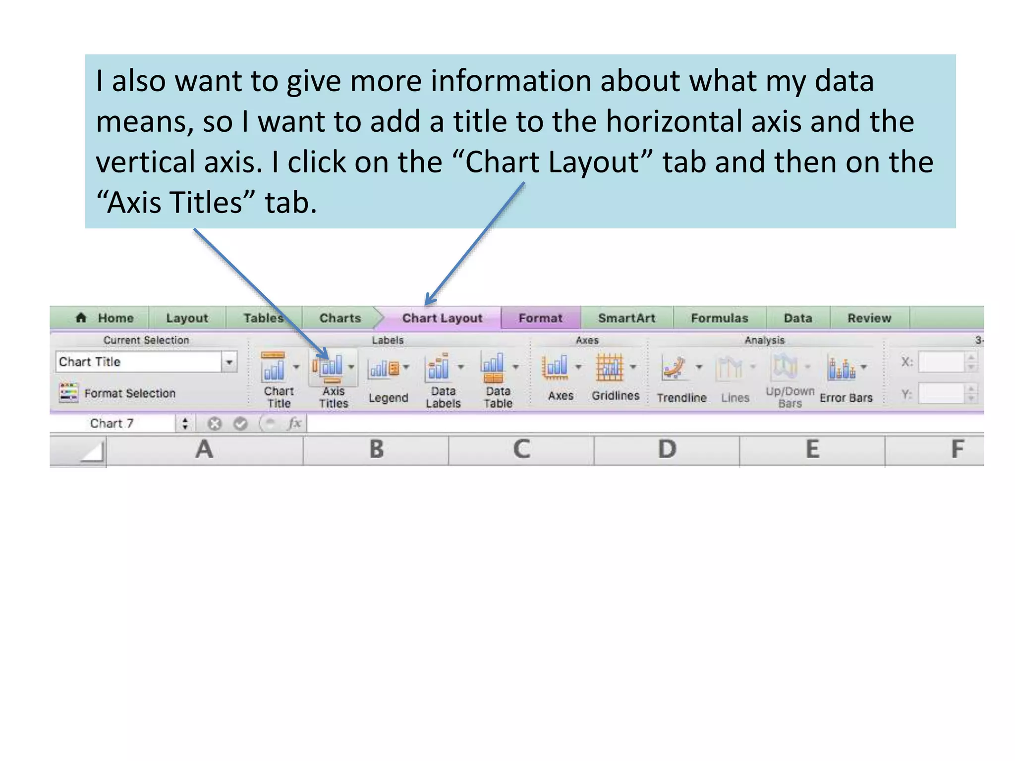 I also want to give more information about what my data
means, so I want to add a title to the horizontal axis and the
vertical axis. I click on the “Chart Layout” tab and then on the
“Axis Titles” tab.
 