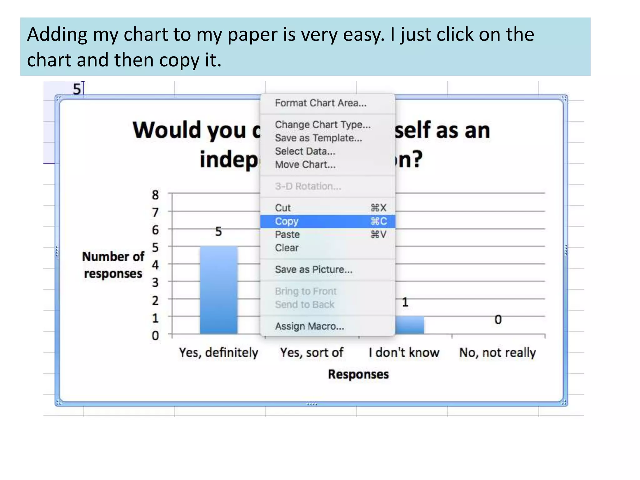Adding my chart to my paper is very easy. I just click on the
chart and then copy it.
 