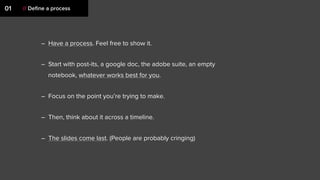 – Have a process. Feel free to show it.
– Start with post-its, a google doc, the adobe suite, an empty
notebook, whatever works best for you.
– Focus on the point you’re trying to make.
– Then, think about it across a timeline.
– The slides come last. (People are probably cringing)
01 // Deﬁne a process
 