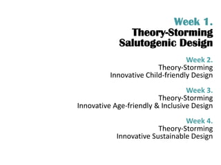 Week 1.
Theory-Storming
Salutogenic Design
Week 2.
Theory-Storming
Innovative Child-friendly Design
Week 3.
Theory-Storming
Innovative Age-friendly & Inclusive Design
Week 4.
Theory-Storming
Innovative Sustainable Design
 