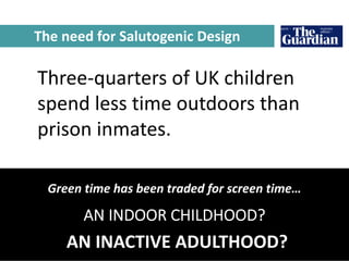 AN INDOOR CHILDHOOD?
AN INACTIVE ADULTHOOD?
Green time has been traded for screen time…
The need for Salutogenic Design
Three-quarters of UK children
spend less time outdoors than
prison inmates.
 