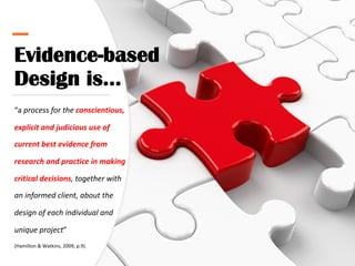 Evidence-based
Design is…
“a process for the conscientious,
explicit and judicious use of
current best evidence from
research and practice in making
critical decisions, together with
an informed client, about the
design of each individual and
unique project”
(Hamilton & Watkins, 2009, p.9).
 