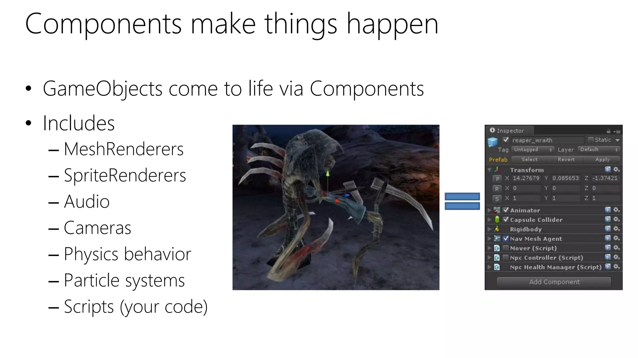 Components make things happen
• GameObjects come to life via Components
• Includes
– MeshRenderers
– SpriteRenderers
– Audio
– Cameras
– Physics behavior
– Particle systems
– Scripts (your code)
 