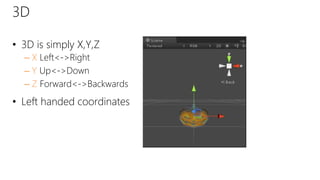 3D
• 3D is simply X,Y,Z
– X Left<->Right
– Y Up<->Down
– Z Forward<->Backwards
• Left handed coordinates
 