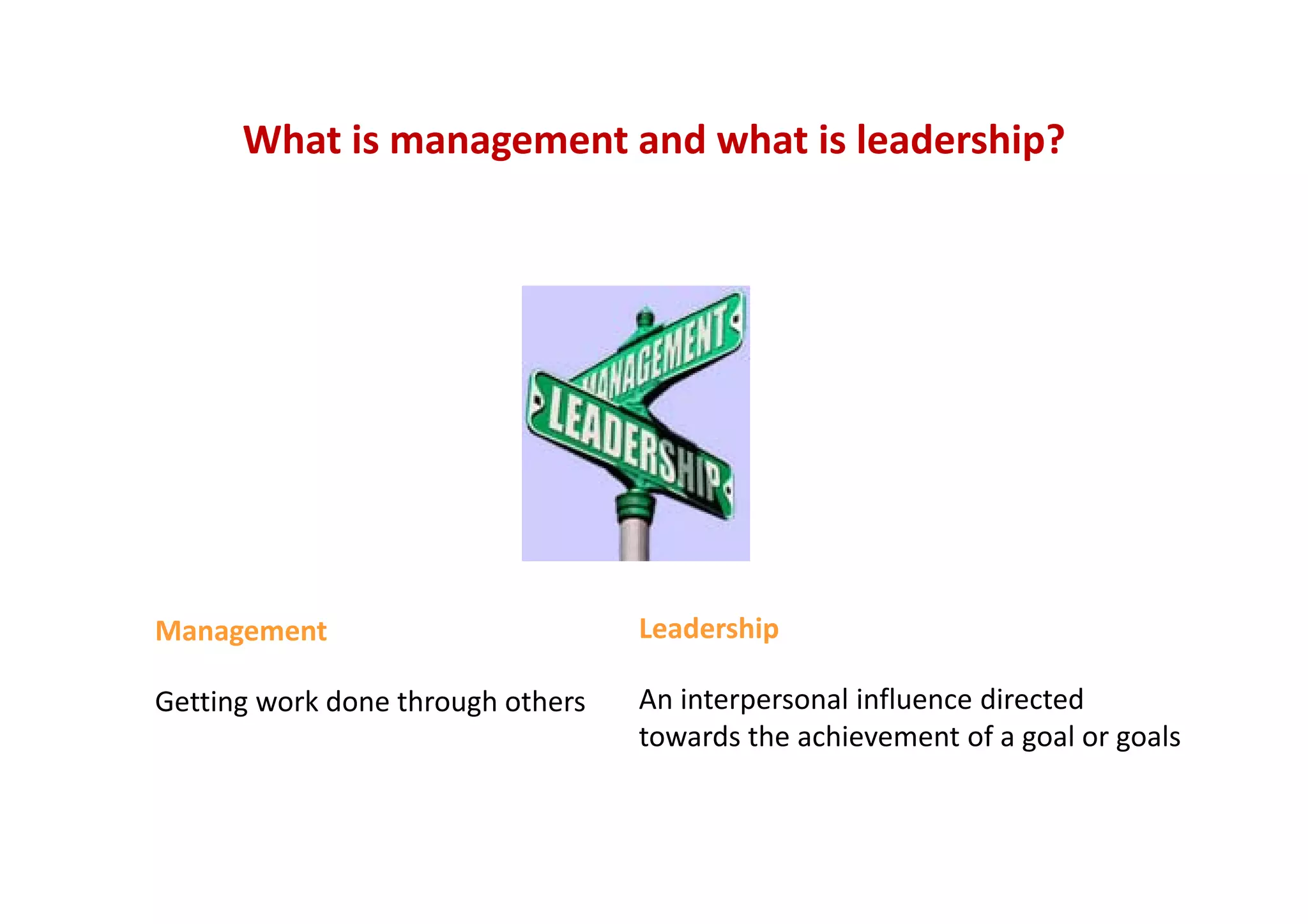 What is management and what is leadership?
Management
Getting work done through others
Leadership
An interpersonal influence directed
towards the achievement of a goal or goals
 