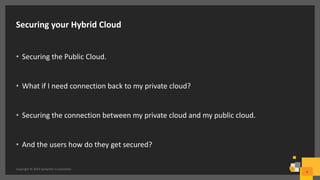Securing your Hybrid Cloud
• Securing the Public Cloud.
• What if I need connection back to my private cloud?
• Securing the connection between my private cloud and my public cloud.
• And the users how do they get secured?
Copyright © 2016 Symantec Corporation
6
 