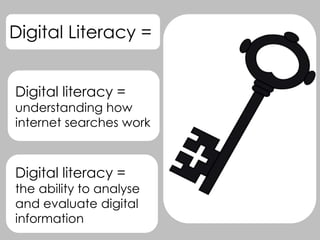 Digital literacy =
understanding how
internet searches work
Digital literacy =
the ability to analyse
and evaluate digital
information
Digital Literacy =
 
