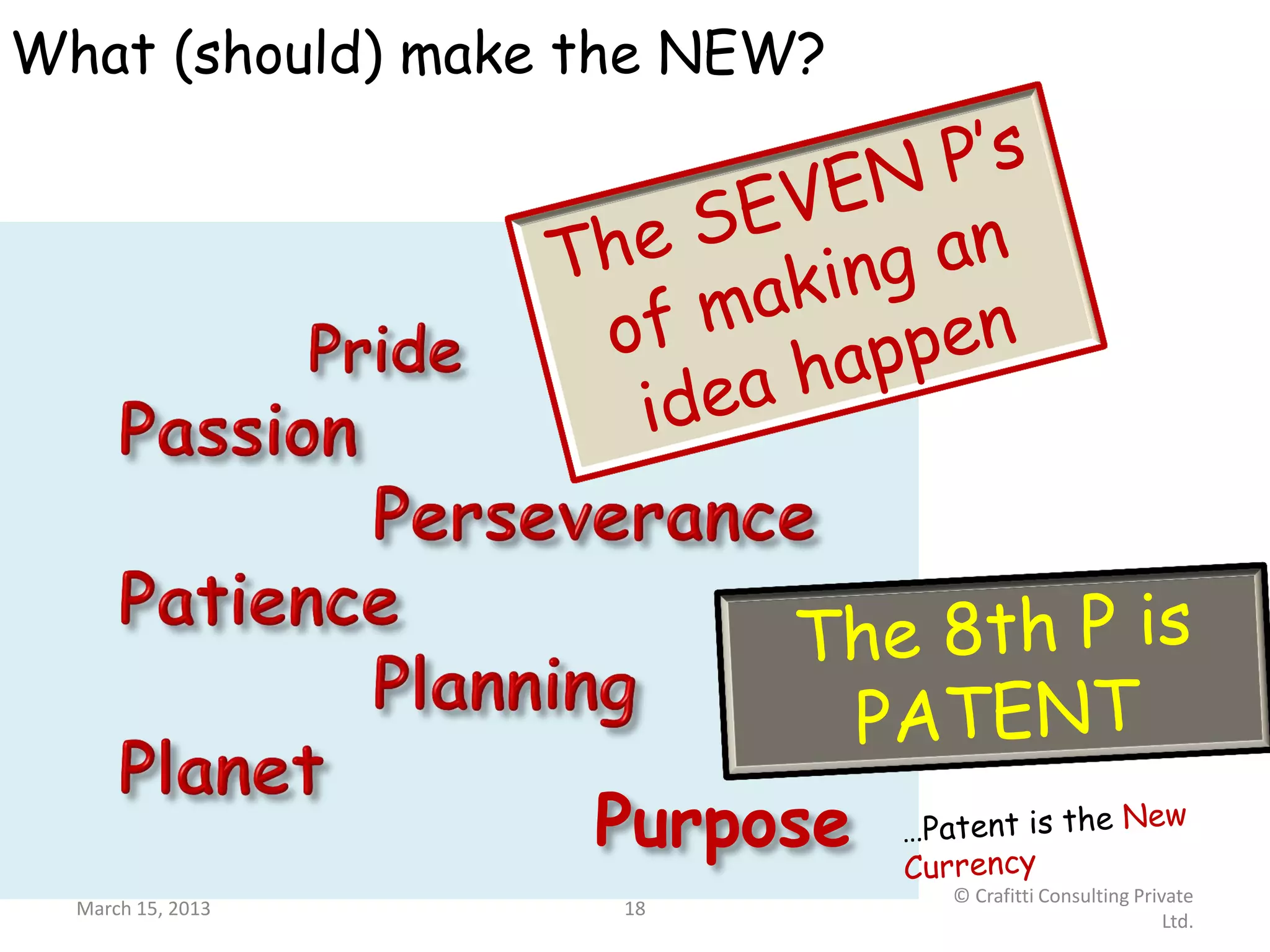 What (should) make the NEW?




                   Purpose
                              © Crafitti Consulting Private
  March 15, 2013    18
                                                        Ltd.
 