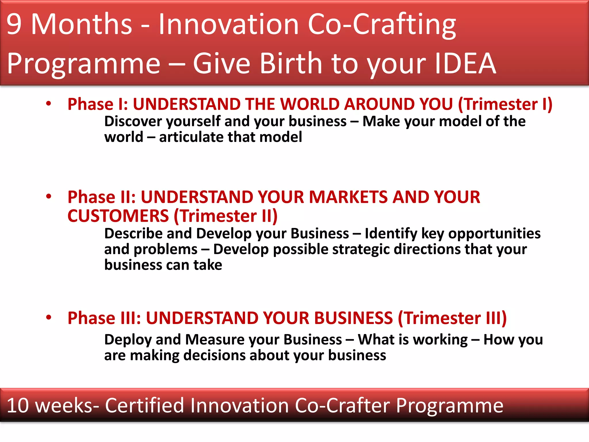 9 Months - Innovation Co-Crafting
Programme – Give Birth to your IDEA
    • Phase I: UNDERSTAND THE WORLD AROUND YOU (Trimester I)
          Discover yourself and your business – Make your model of the
          world – articulate that model


    • Phase II: UNDERSTAND YOUR MARKETS AND YOUR
      CUSTOMERS (Trimester II)
          Describe and Develop your Business – Identify key opportunities
          and problems – Develop possible strategic directions that your
          business can take


    • Phase III: UNDERSTAND YOUR BUSINESS (Trimester III)
          Deploy and Measure your Business – What is working – How you
          are making decisions about your business


10 weeks- Certified Innovation Co-Crafter Programme
 