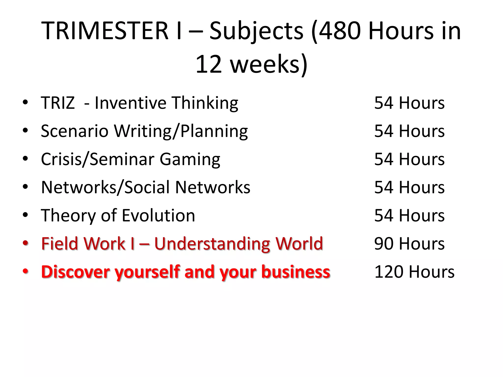 TRIMESTER I – Subjects (480 Hours in
                12 weeks)
•   TRIZ - Inventive Thinking             54 Hours
•   Scenario Writing/Planning             54 Hours
•   Crisis/Seminar Gaming                 54 Hours
•   Networks/Social Networks              54 Hours
•   Theory of Evolution                   54 Hours
•   Field Work I – Understanding World    90 Hours
•   Discover yourself and your business   120 Hours
 