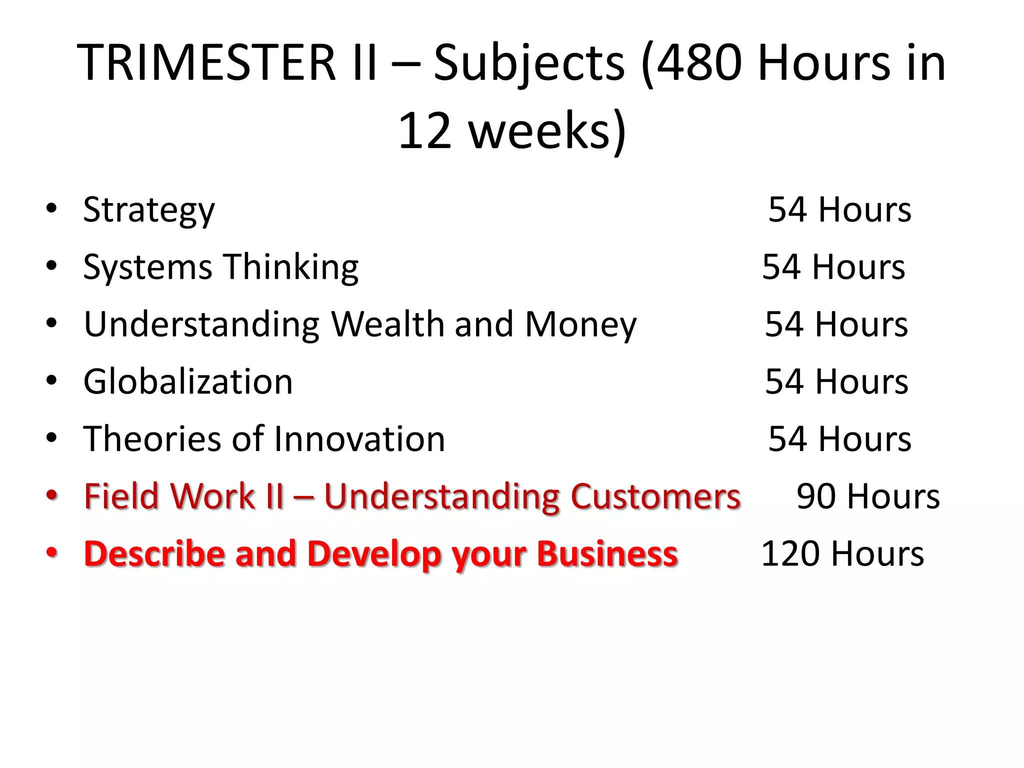 TRIMESTER II – Subjects (480 Hours in
                 12 weeks)
•   Strategy                                  54 Hours
•   Systems Thinking                          54 Hours
•   Understanding Wealth and Money            54 Hours
•   Globalization                             54 Hours
•   Theories of Innovation                    54 Hours
•   Field Work II – Understanding Customers     90 Hours
•   Describe and Develop your Business        120 Hours
 