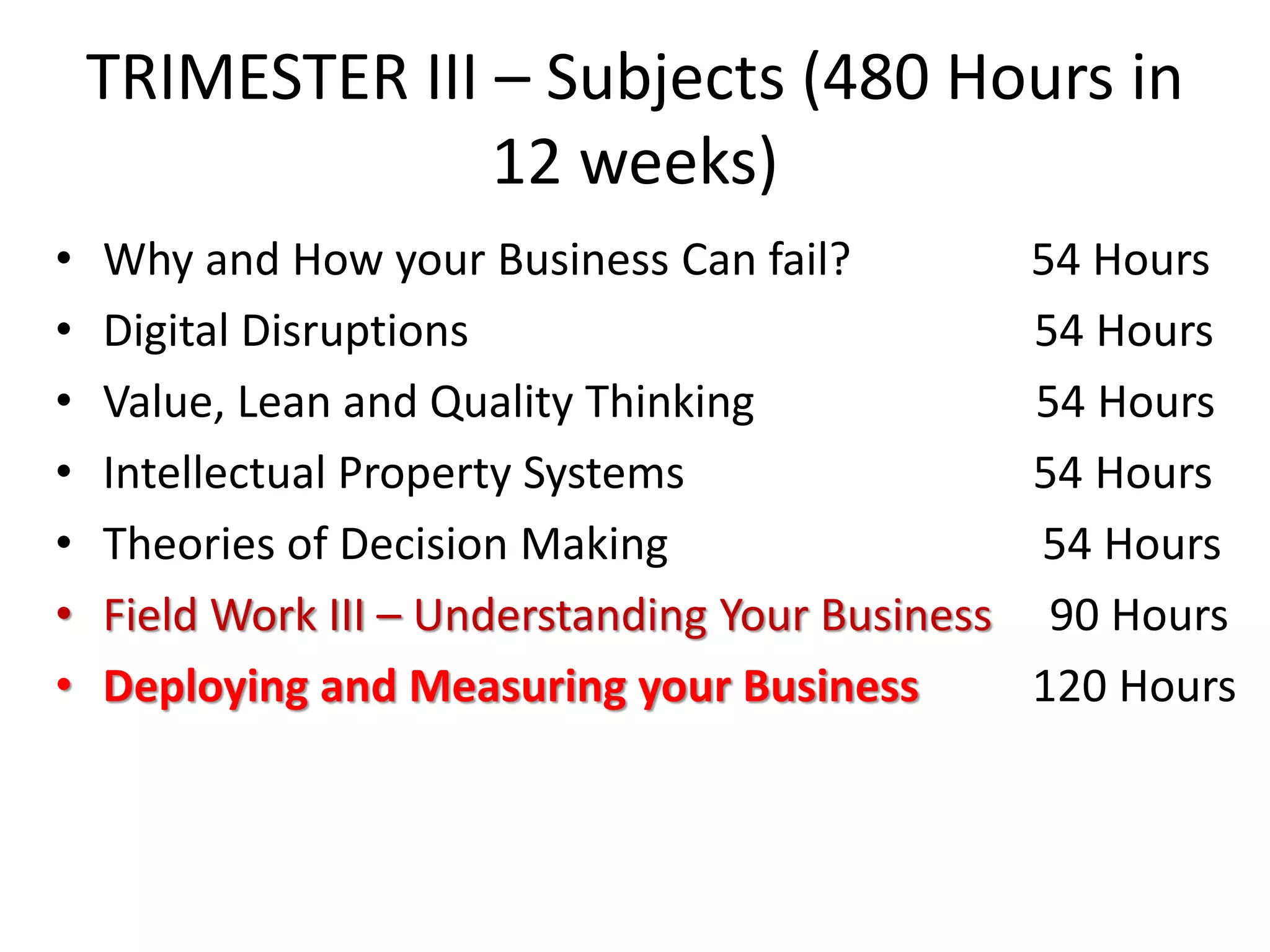 TRIMESTER III – Subjects (480 Hours in
                  12 weeks)
•   Why and How your Business Can fail?            54 Hours
•   Digital Disruptions                            54 Hours
•   Value, Lean and Quality Thinking               54 Hours
•   Intellectual Property Systems                  54 Hours
•   Theories of Decision Making                    54 Hours
•   Field Work III – Understanding Your Business    90 Hours
•   Deploying and Measuring your Business          120 Hours
 