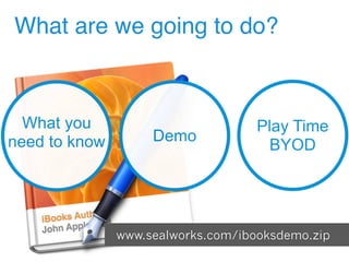 www.sealworks.com/ibooksdemo.zip
What are we going to do?
What you
need to know Demo
Play Time
BYOD
 
