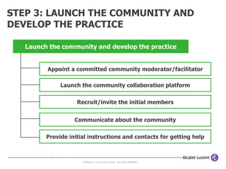 STEP 2: FIND A SPONSOR AND ATTRACT
CHAMPIONS/ADVOCATES
                                     What makes a good champion?
                                             • Knows the subject
                                             • Is a good communicator
                                             • Understands cultures and behaviors
                                             • Has energy and authority
                                             • Understand social networks and
                                               endorses enterprise 2.0 principles
                                             • Is prepared to get his hands dirty
                                             • Can spend sufficient time on:
                                                ― Promoting the community
                                                ― Increasing membership
                                                ― Lining up the members
                                                ― Initiating discussions
                                                ― Asking and answering questions
                                                ― Posting information which is useful
                                                   to the members


             COPYRIGHT © 2011 ALCATEL-LUCENT. ALL RIGHTS RESERVED.
 
