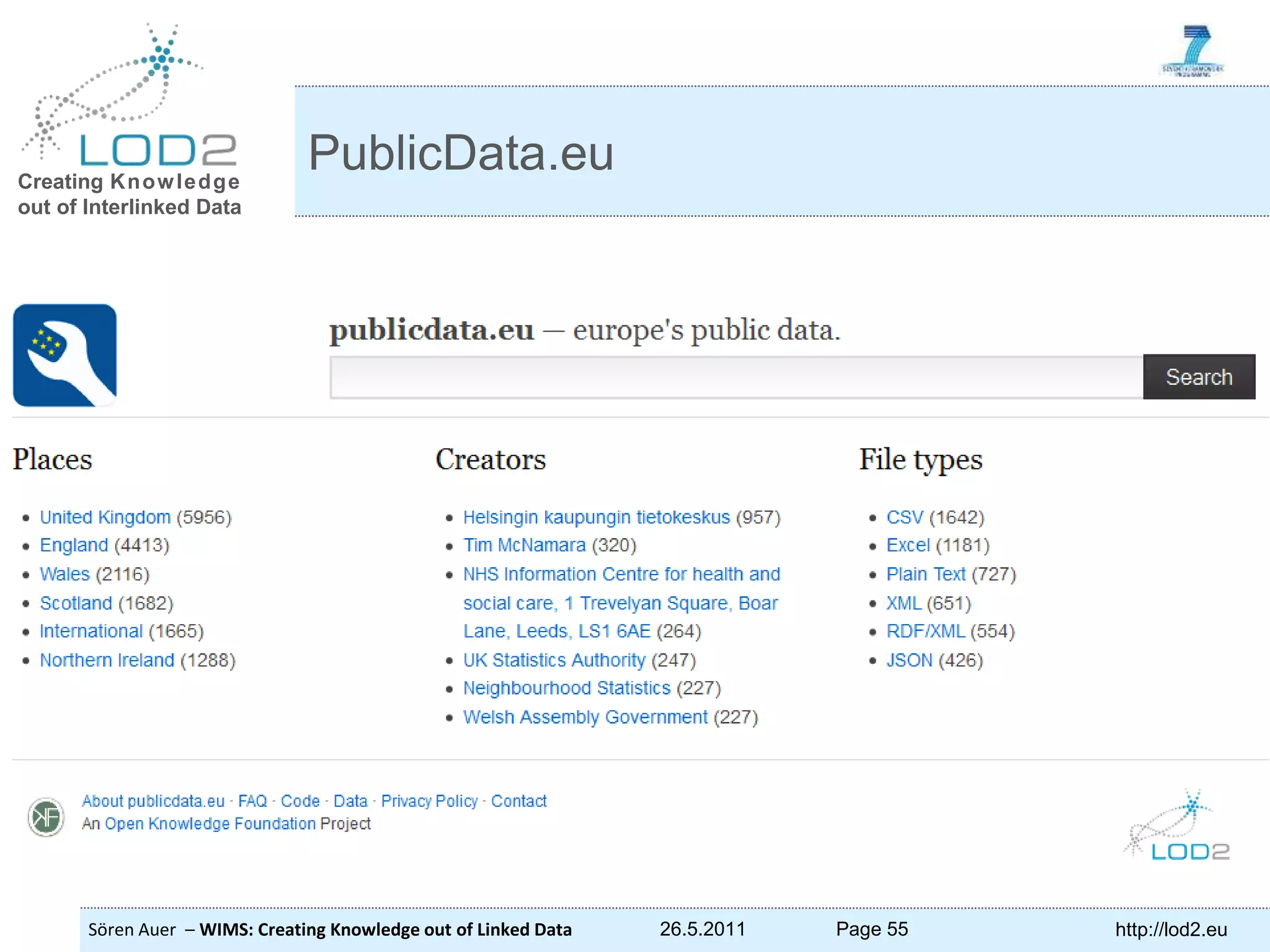 Creating Knowledge out of Interlinked Data Sören Auer – WIMS: Creating Knowledge out of Linked Data 26.5.2011 Page 55 http://lod2.eu PublicData.eu 