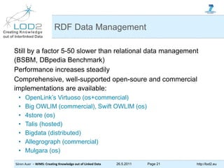 Creating Knowledge
out of Interlinked Data
Sören Auer – WIMS: Creating Knowledge out of Linked Data 26.5.2011 Page 21 http...
