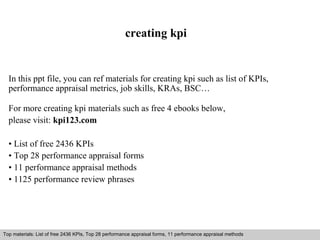 creating kpi 
In this ppt file, you can ref materials for creating kpi such as list of KPIs, 
performance appraisal metrics, job skills, KRAs, BSC… 
For more creating kpi materials such as free 4 ebooks below, 
please visit: kpi123.com 
• List of free 2436 KPIs 
• Top 28 performance appraisal forms 
• 11 performance appraisal methods 
• 1125 performance review phrases 
Top materials: List of free 2436 KPIs, Top 28 performance appraisal forms, 11 performance appraisal methods 
Interview questions and answers – free download/ pdf and ppt file 
 