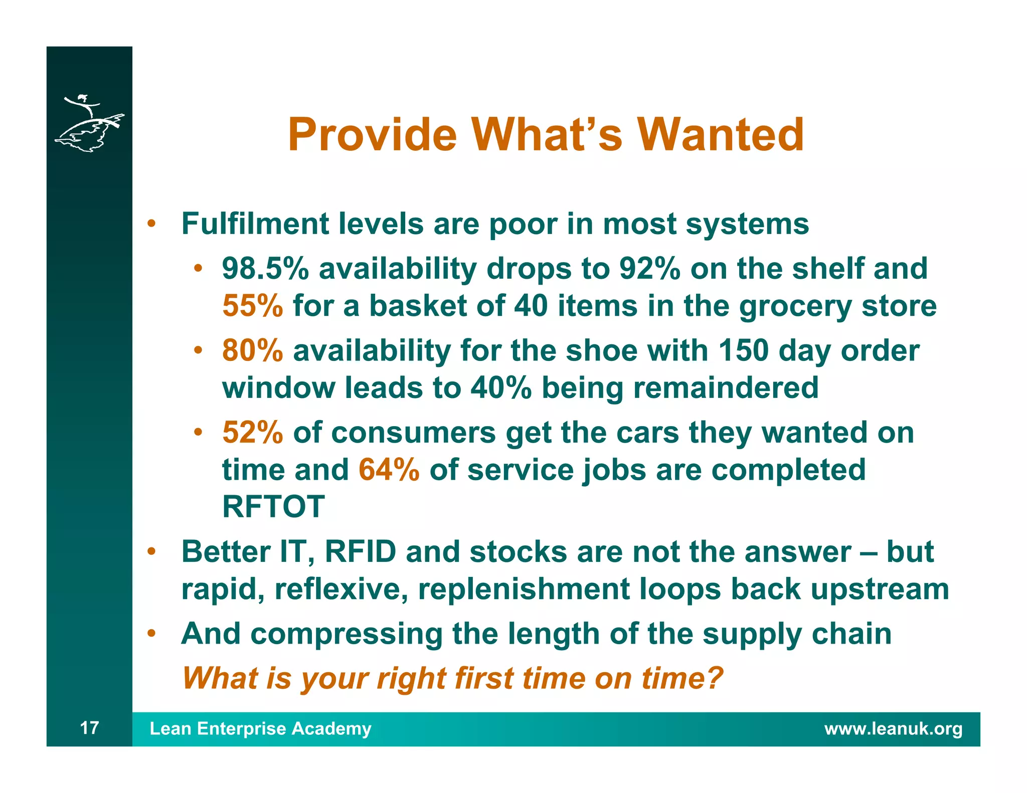Lean Enterprise Academy www.leanuk.org17
Provide What’s Wanted
• Fulfilment levels are poor in most systems
• 98.5% availability drops to 92% on the shelf and
55% for a basket of 40 items in the grocery store
• 80% availability for the shoe with 150 day order
window leads to 40% being remaindered
• 52% of consumers get the cars they wanted on
time and 64% of service jobs are completed
RFTOT
• Better IT, RFID and stocks are not the answer – but
rapid, reflexive, replenishment loops back upstream
• And compressing the length of the supply chain
What is your right first time on time?
 