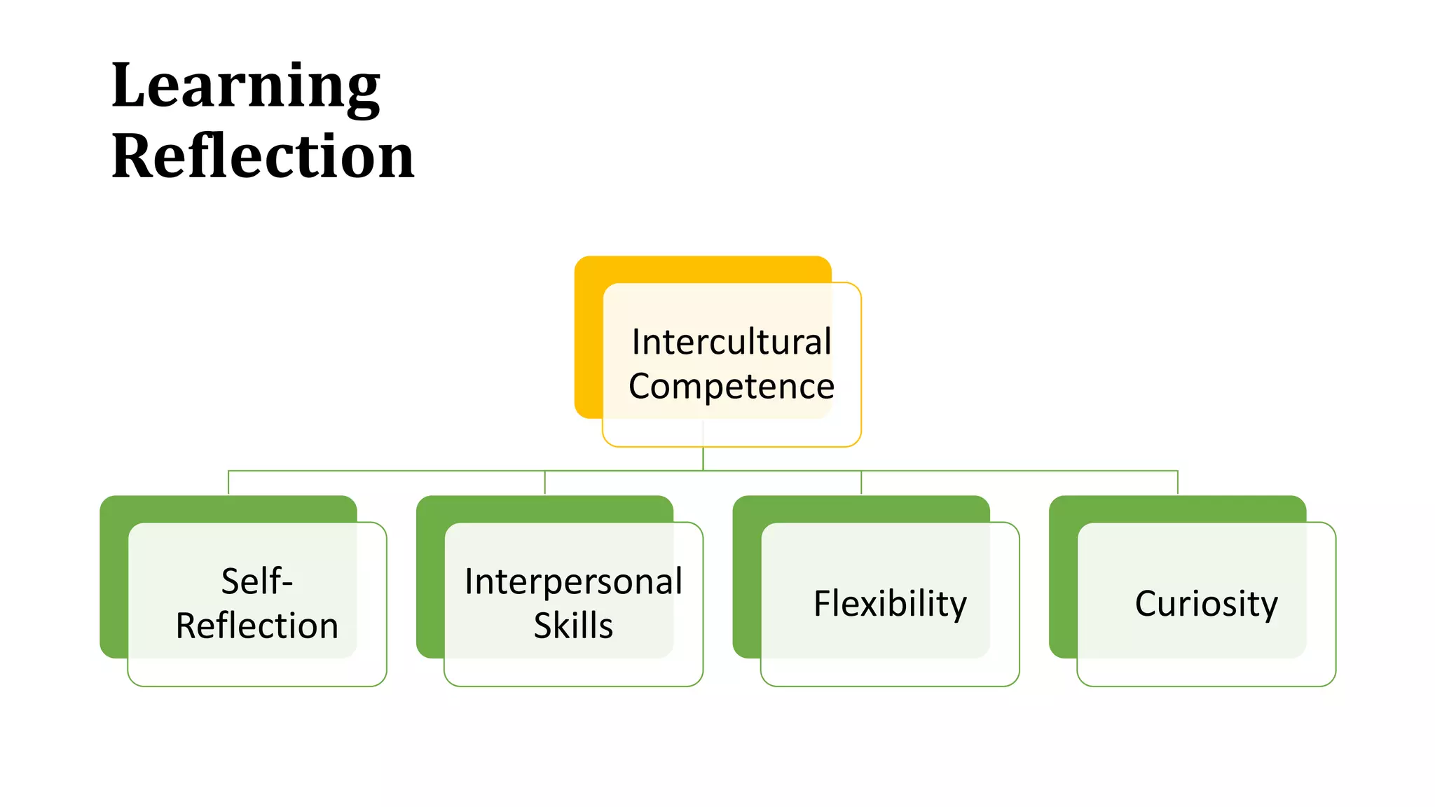 Learning
Reflection
Intercultural
Competence
Self-
Reflection
Interpersonal
Skills
Flexibility Curiosity
 