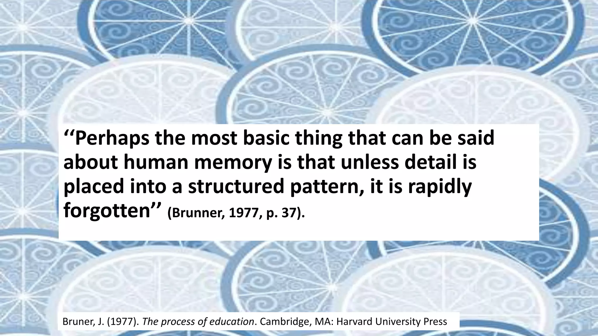 ‘‘Perhaps the most basic thing that can be said
about human memory is that unless detail is
placed into a structured pattern, it is rapidly
forgotten’’ (Brunner, 1977, p. 37).
Bruner, J. (1977). The process of education. Cambridge, MA: Harvard University Press
 