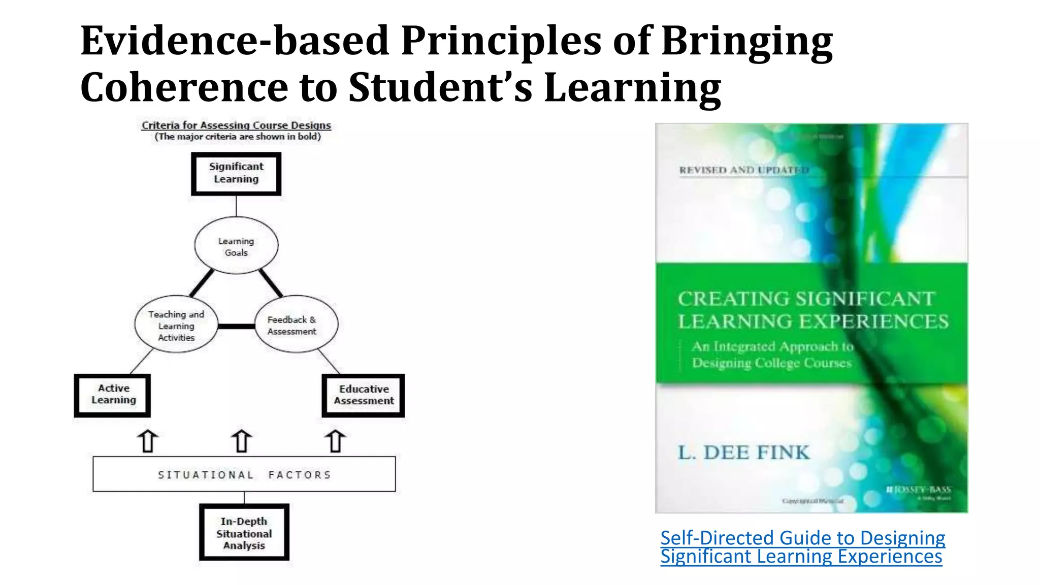 Evidence-based Principles of Bringing
Coherence to Student’s Learning
Self-Directed Guide to Designing
Significant Learning Experiences
 
