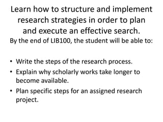 Learn how to structure and implement research strategies in order to plan and execute an effective search.By the end of LIB100, the student will be able to:Write the steps of the research process.Explain why scholarly works take longer to become available.Plan specific steps for an assigned research project.